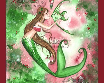 Christmas Kiss Mermaid Print from Original Watercolor Painting by Camille Grimshaw