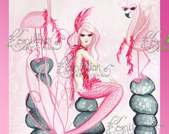 Hot Pink Flamigo Mermaid Print  from Original Watercolor Painting by Camille Grimshaw