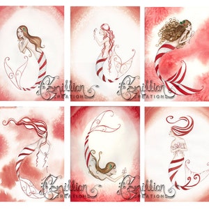 Blank Christmas Candy Cane MERMAID Note Cards from Original Watercolors by Camille Grimshaw image 1