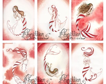 Blank Christmas Candy Cane MERMAID Note Cards from Original Watercolors by Camille Grimshaw