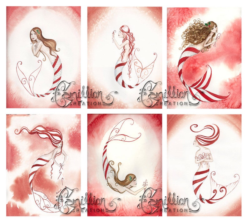 Blank Christmas Candy Cane MERMAID Note Cards from Original Watercolors by Camille Grimshaw Bild 1