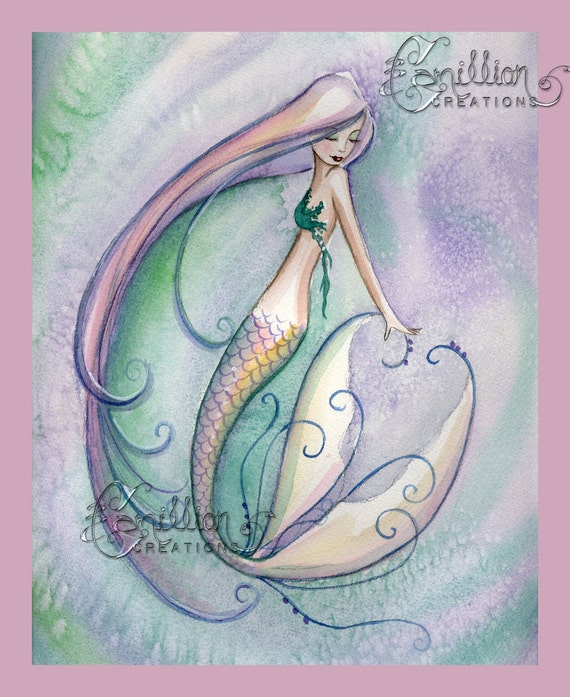 FIVE MERMAIDS BLUE Family Print from Original Painting By Camille Grimshaw