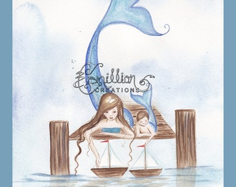 Sailboats Mermaid & Merboy Print from Original Watercolor Painting by Camille Grimshaw