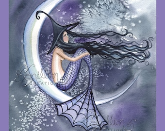 Moon Light Mermaid Witch from Original Watercolor Painting by Camille Grimshaw