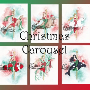 Carrusel de sirenas navideñas Tarjetas de notas de acuarelas originales de Camille Grimshaw imagen 1