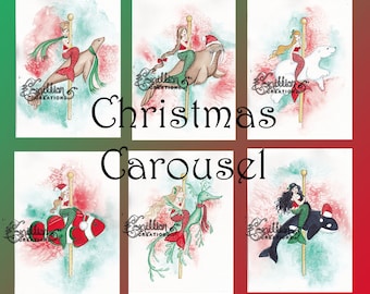 Carousel Christmas Mermaids Note Cards from Original Watercolors by Camille Grimshaw