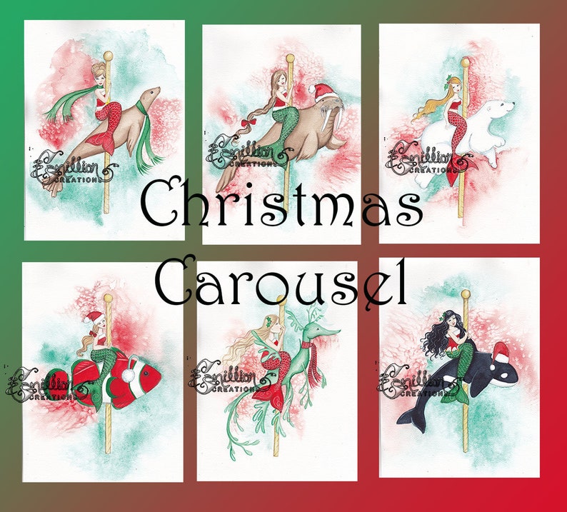 Carrusel de sirenas navideñas Tarjetas de notas de acuarelas originales de Camille Grimshaw imagen 1