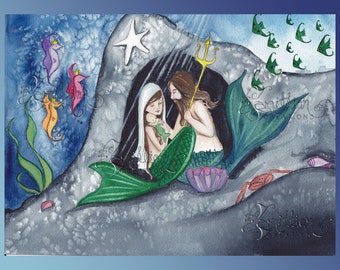 Nativity Mermaid Print from Original Watercolor Painting by Camille Grimshaw