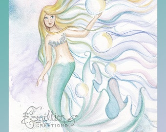 Shimmering Bubbles Mermaid Print from Original Watercolor Painting by Camille Grimshaw