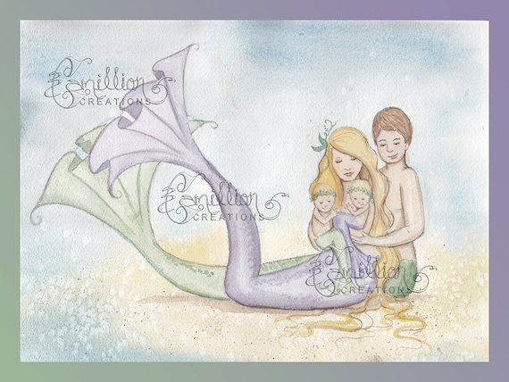 FIVE MERMAIDS BLUE Family Print from Original Painting By Camille Grimshaw