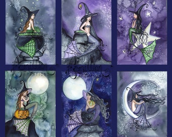 Blank Halloween  Witch MERMAIDS Note Cards from Original Watercolors by Camille Grimshaw