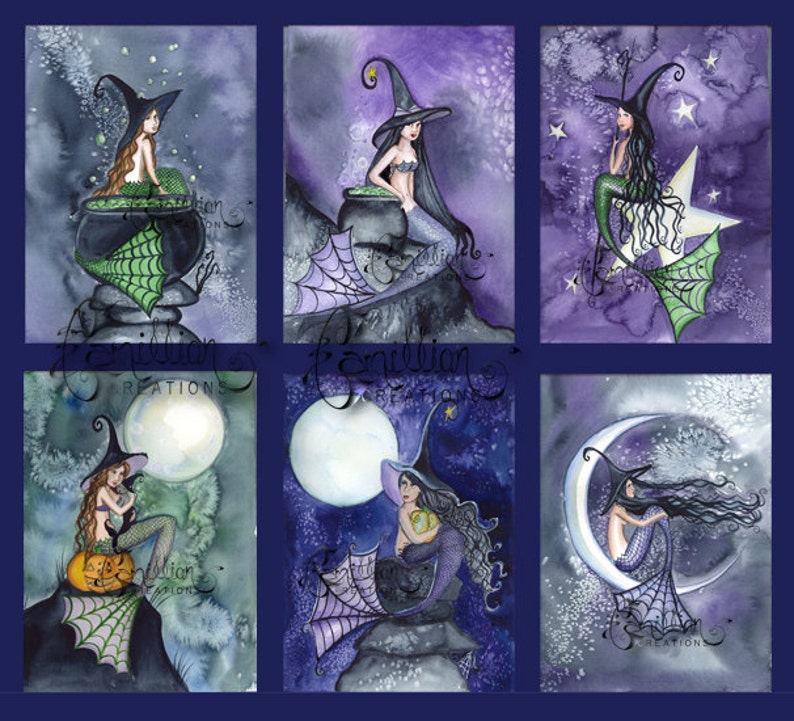 Blank Halloween Witch MERMAIDS Note Cards from Original Watercolors by Camille Grimshaw image 1