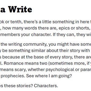 May include: A black and white text image with the title "So You Wanna Write". The text explains that the most important element of a story is the character. It also discusses the importance of characters in different genres, such as romance, horror, and fantasy.