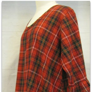 Ladies swing style red cotton plaid tunic with pockets and ruffles