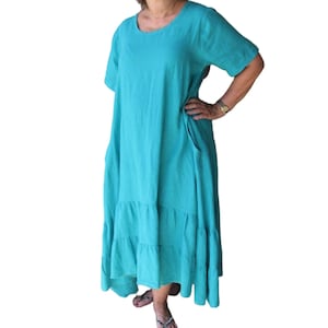 Ladies short sleeve linen boho style dress with side pockets and ruffled hemline - FINAL SALE