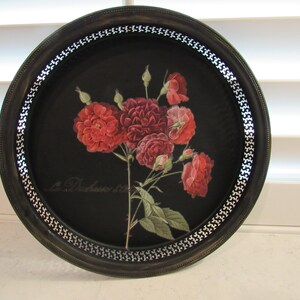 Black and red round tole tray style hand painted tray