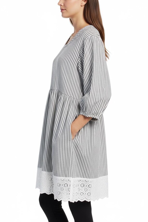 Cotton Ticking Tunic Dress - 3/4 Sleeve, Empire Waist, Eyelet Lace - Made in USA Cotton Ticking Tunic Dress - 3/4 Sleeve, Empire Waist, Eyelet Lace - Made in USA