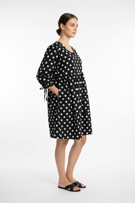 Polka Dot Cotton Tunic Dress, Empire Waist Tie, 3/4 Sleeve