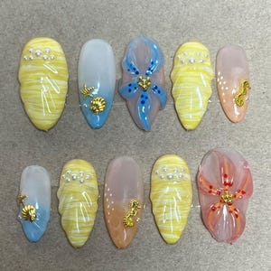 Summer Beach Press On Nails | Ocean Nail Art with Seashells, Starfish, Seahorse & 3D Flowers | Handmade False Nails
