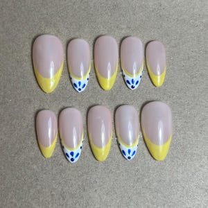 luxury Sping press on nails, yellow French with blue and white details, summer nails, cute press on nails