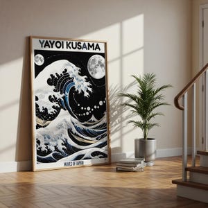 Yayoi Kusama Style Great Wave Wall Art Print - Japanese Modern Poster, Minimalist Waves of Japan Decor, Black & White Ocean Artwork