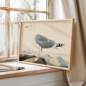 Vintage Seagull Art Printable | Coastal Wall Art Horizontal Print | Instant Download PDF | Ocean Bird Illustration | Beach Home Decor