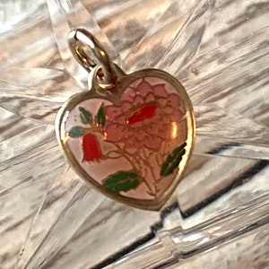Sweet Mini Vintage Heart Flower Charm, Choose Necklace or Charm, Cloisonne Enamel, Chrysanthemum Floral, Pink Gold Tone, Jewelry Making,
