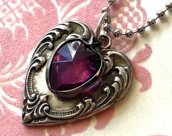 Vintage Silver Heart Charm Necklace Pendant, Purple Lucite Heart Dangle,