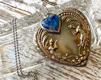 Vintage Siam Lady Heart Charm Pendant Necklace, Blue Glass Marble Puffy Heart, Art Deco Style Rare