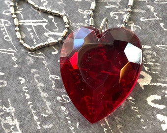 Vintage Red Heart Pendant Necklace, Stainless Steel Silver Ball Chain, Gift for Her, Romantic Jewelry, Lucite