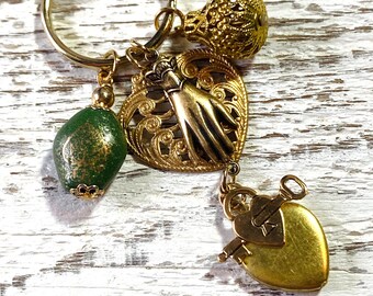 Vintage Brass Gold Key Chain Charm Fob, Filigree Heart Bead Dangle, Victorian Hand and Locket, Purse Pull Key Necklace, Key Ring