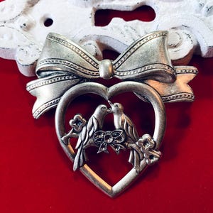 Vintage Silver Pin Heart Brooch, Birds Doves, Bow Ribbon, Gift for Her, Jewelry Making, Stampings, Trendy Brooch, Coat Pin