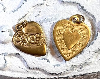 Vintage Brass Heart Charms Lot of 2, Gold Heart Pendant, Victorian Style Jewelry, For Your Charm Necklace Bracelet, Gift For Her
