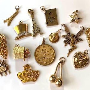 Choice of Charm Pendant, Cherry Grapes, Man In Dog House, Heart Love You, Eiffel Tower, Moon Star, Crown, For Bracelet or Necklace, Jewelry