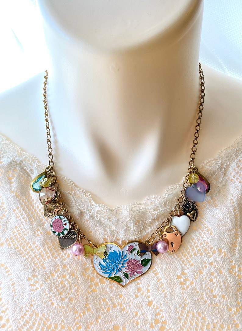 Vintage Heart Charm Necklace, Charm Bracelet, Enamel Flowers, Bows, Locket, I Love You, Gift for Mom, Shabby Chic Jewelry image 3