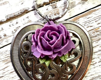 Vintage Silver Large Heart Key Chain, Purple Rose Flower Charm, Silver Filigree Pendant, Key Ring, Gift for Her, Purse Accessory