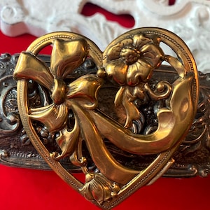 Vintage Brass Heart with Ribbon, Bow Pin Floral Brooch, Flower Pin, Victorian Style Jewelry, Gift for Her