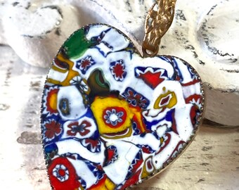 Vintage Italian Millefiori Glass Heart  Pendant, Charm for Necklace, Gift for Her, Murano Glass, Brass Heart, Rare