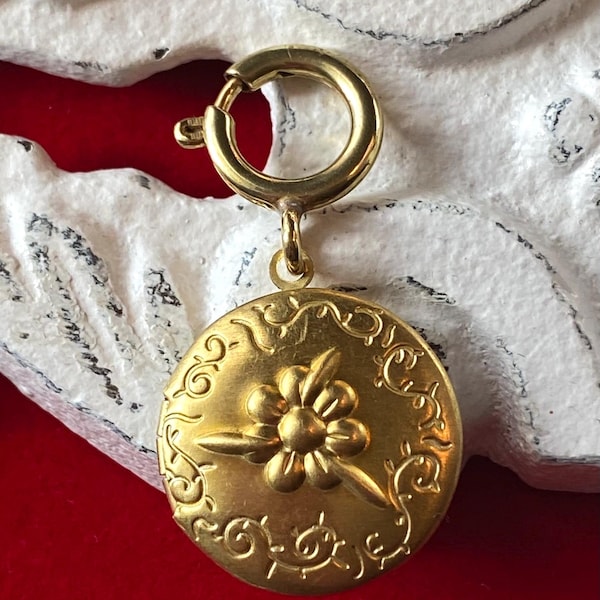 Vintage Brass Flower Charm Locket, Clip on Photo Pendant, For Necklace or Bracelet
