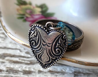 Vintage Silver Heart Charm Ring, Adjustable Floral Band, Blue Acrylic Accent