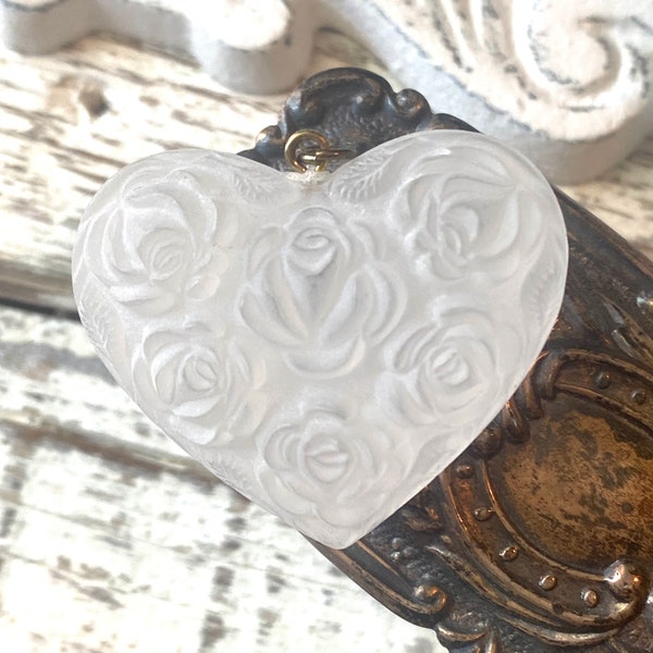Vintage Carved Rose Lucite Heart Pendant Necklace, Frosted Clear Charm, Wedding Anniversary Gift, Puffy Heart, Flower Jewelry