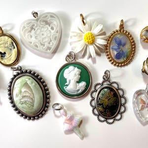 Vintage Charm Pendant, Lady Cameos, Butterflies, Leaf, Shell, Flowers Daisy, Glass Intaglio, Clay, Pearl, Hearts, Pick a Charm for Necklace