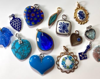 Pick a Charm, Vintage Charms Pendants, Delft, Blue Colors, Heart, Flower, Millefiori, Leaf, Turquoise, For Bracelet Necklace, Gift for Her