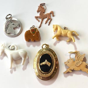 Puede incluir: Una colección de siete dijes de caballo, cada uno con un diseño y material diferente. Los dijes incluyen una cabeza de caballo de plata, un caballo de madera, un medallón de oro con una cabeza de caballo, un caballo de madera con alas, un elefante de madera, un caballo de plástico blanco y un dije de oro en forma de caballo.