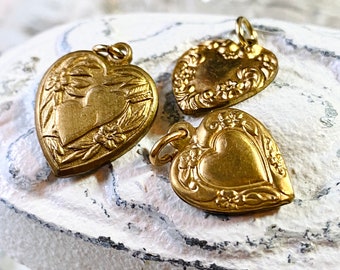 Vintage Brass Heart Charms Lot of 3, Gold Heart Pendant, Victorian Style Jewelry, For Your Charm Necklace Bracelet, Gift For Her, Floral