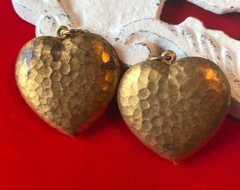 Vintage Brass Puffy Heart Charm, Hammered Patina, 2pc