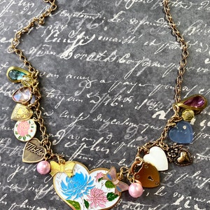 Vintage Heart Charm Necklace, Charm Bracelet, Enamel Flowers, Bows, Locket, I Love You, Gift for Mom, Shabby Chic Jewelry image 2