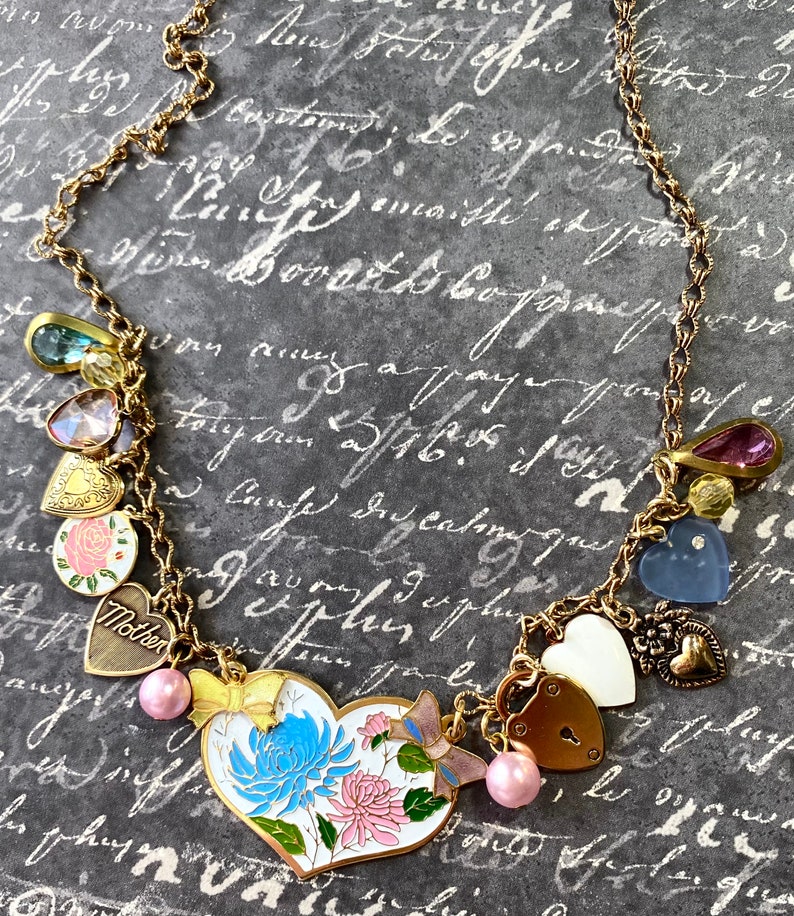 Vintage Heart Charm Necklace, Charm Bracelet, Enamel Flowers, Bows, Locket, I Love You, Gift for Mom, Shabby Chic Jewelry image 2