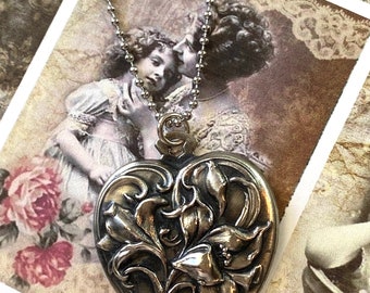 Vintage Silver Heart Charm Pendant Necklace, Tiger Lily Flower, Stainless Chain, Floral Jewelry