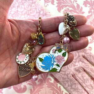 Vintage Heart Charm Necklace, Charm Bracelet, Enamel Flowers, Bows, Locket, I Love You, Gift for Mom, Shabby Chic Jewelry image 9